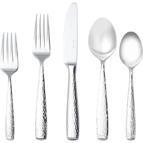 Luciella Ponza Flatware Set for 8, 45-Piece Stainless Steel Silverware Set with Serving Utensils, Timeless Hammered Design, Rust-Resistant, Mirror Polished & Dishwasher Safe