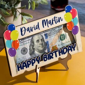 Personalized Birthday Money Holder, Happy Birthday Gift, Custom With Birthday Message & Name, Wood Money Holder for Cash Gifts, Birthday Money Card