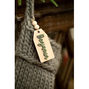 Personalized Christmas Stocking Tags Christmas Farmhouse Decor Custom Name Tag Wooden Tags Hang Tags with String Attached Christmas Name Tags Wood (Stained Wood Back)