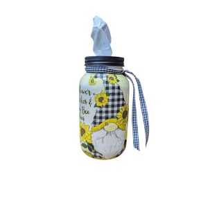 جرة ماسون مع تصميم Gnome Gnome Garden Sunflower ، خيارات الغطاء (مضخة الصابون ، موزع الأنسجة ، ضوء إناء البنك العملة ، أو العلبة) (موزع الأنسجة)