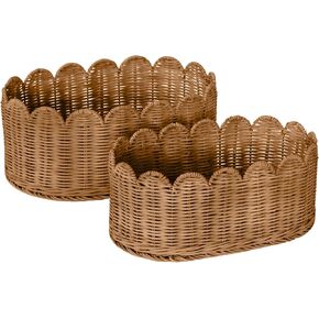 BEBE BASK SCALLOPED SACKENT SETRESS من 2 - سلة الأسقلوب - 16 × 10 × 7 بوصة - الخوص الأنيق المنسوجة يدويًا مع حافة الأسقلوب - تخزين الحضانة (طبيعي) in Kuwait