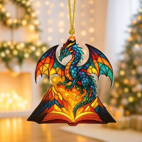 Book Dragon Acrylic Ornament – Fantasy Window Hanging & Library Decor – Bookshelf Ornament for ACOTAR Fourth Wing DND Fans – Christmas Ornament Dragon Theme – Librarian Gifts for Book Lovers