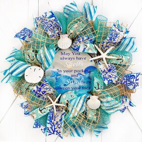 Shells in Your Pocket Sand Between Your Toes Coastal Beach Wreath made with Natural & Ivory Deco Mesh & Aqua Fabric, Adorned with Sand Dollar and Starfish