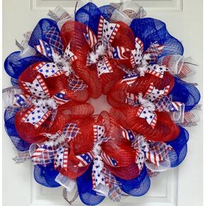 Patriotic Wreath Three Cheers For The Red White and Blue Handmade Deco Mesh 24 inch and 28 inch