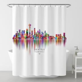 Seattle Shower Curtain – Colorful Skyline Design – Modern Urban Art for Bathroom – Bold Cityscape Decor – Unique Gift for Seattle Lovers – Fabric Curtain 71x74 – No Hooks Included