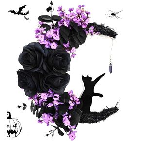 Halloween Moon Cat Wreath Garland for Front Door with Lights, Black Branch Halloween Wreath Signs for Front Door, Gothic Wreath Decorations (Orange, With Lights)