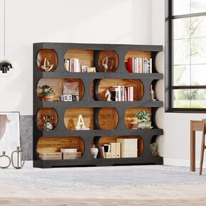 Tribesigns 71" Tall Bookcase, 4-Tier S-Shaped Bookshelf, Wood Decorative Storage Shelving, Modern Freestanding Display Shelves, Large Library Book Shelf Unit for Home Office Living Room, Black & Brown
