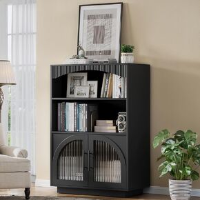 70" Bookshelf and Bookcase, Black Tall Bookcase with Glass Door, 5 Tier Mid-Century Book Shelves w/ Deep Storage Cabinet and Adjustable Shelves, Wood Standing Tall Book Shelf for Home Office Kitchen