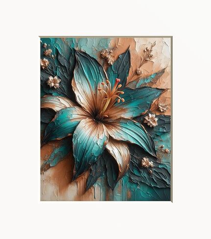 Teal Brown Decor, Teal Lily Textured Flower Picture, Teal Print, Teal Brown Home Decor Bathroom Bedroom Wall Art Handmade (Lily Flower) in Kuwait