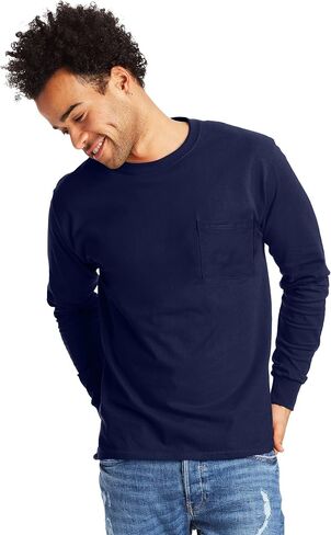 Hanes Essentials T-Shirt, Cotton Pocket, Long-Sleeve Tees for Men, Oxford Gray in Saudi Arabia