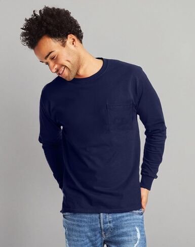 Hanes Essentials T-Shirt, Cotton Pocket, Long-Sleeve Tees for Men, Oxford Gray in Saudi Arabia