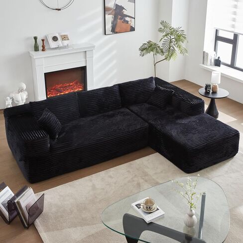 104" L-Shape Modular Sectional Sofa Couch - Comfy Upholstered Cloud Couches for Living Room - Modern Minimalist Couch,Deep Seat,No Assembly Required (Black,Plush Corduroy, Right Facing Chaise) in Saudi Arabia