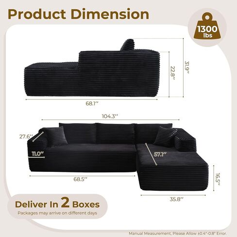 104" L-Shape Modular Sectional Sofa Couch - Comfy Upholstered Cloud Couches for Living Room - Modern Minimalist Couch,Deep Seat,No Assembly Required (Black,Plush Corduroy, Right Facing Chaise) in Saudi Arabia
