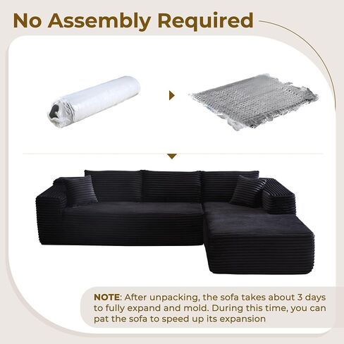 104" L-Shape Modular Sectional Sofa Couch - Comfy Upholstered Cloud Couches for Living Room - Modern Minimalist Couch,Deep Seat,No Assembly Required (Black,Plush Corduroy, Right Facing Chaise) in Saudi Arabia