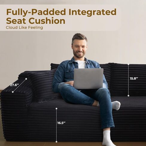104" L-Shape Modular Sectional Sofa Couch - Comfy Upholstered Cloud Couches for Living Room - Modern Minimalist Couch,Deep Seat,No Assembly Required (Black,Plush Corduroy, Right Facing Chaise) in Saudi Arabia