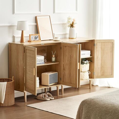 VEVOR Rattan Buffet Cabinet with Storage, 4 Magnetic Doors and Adjustable Shelves, Sideboard for Hallway, Living Room, Kitchen, Natural in Saudi Arabia