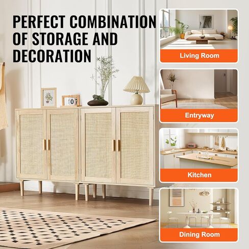 VEVOR Rattan Buffet Cabinet with Storage, 4 Magnetic Doors and Adjustable Shelves, Sideboard for Hallway, Living Room, Kitchen, Natural in Saudi Arabia