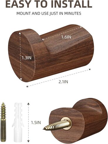 Wood Wall Hooks 6 Pack, Heavy Duty Coat Hooks Wall Mounted Rustic Natural Wooden, Handmade Hat Hooks Rack for Hanging Bathroom Towels, Clothes, Bags (Walnut Wood) in Saudi Arabia