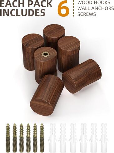 Wood Wall Hooks 6 Pack, Heavy Duty Coat Hooks Wall Mounted Rustic Natural Wooden, Handmade Hat Hooks Rack for Hanging Bathroom Towels, Clothes, Bags (Walnut Wood) in Saudi Arabia