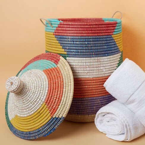 Colorful Rainbow Baskets with Hooded Lids, Laundry, Blankets, Toys, Clothes, Hamper, Bin, Storage, Decorative, Wicker, Sturdy, Round, African, Hand Woven by Wolof Artisans, Made in Senegal (Small) in Kuwait