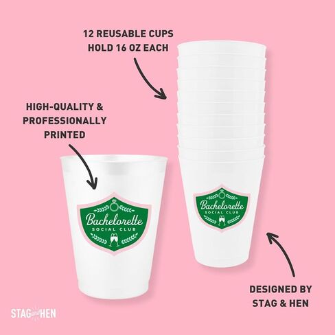 Stag & Hen Bachelorette Social Club Bachelorette Party Cups - 12 Pack ، 16 Oz Cup | Drinkware المخصص لـ Country Club Golf Golf Surned Bridal Shower ، حفلة خطوبة | هدايا وصيفات الشرف ، تفضل in Kuwait