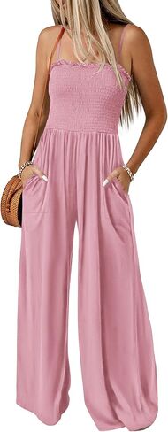 PRETTYGARDEN Women's Summer Jumpsuits Dressy Casual One Piece Outfits Linen Smocked Spaghetti Strap Pockets Wide Leg Rompers in Saudi Arabia