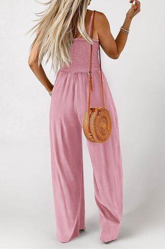 PRETTYGARDEN Women's Summer Jumpsuits Dressy Casual One Piece Outfits Linen Smocked Spaghetti Strap Pockets Wide Leg Rompers in Saudi Arabia