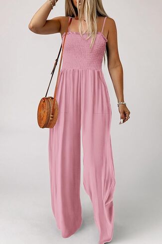 PRETTYGARDEN Women's Summer Jumpsuits Dressy Casual One Piece Outfits Linen Smocked Spaghetti Strap Pockets Wide Leg Rompers in Saudi Arabia