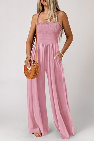 PRETTYGARDEN Women's Summer Jumpsuits Dressy Casual One Piece Outfits Linen Smocked Spaghetti Strap Pockets Wide Leg Rompers in Saudi Arabia
