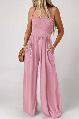 PRETTYGARDEN Women's Summer Jumpsuits Dressy Casual One Piece Outfits Linen Smocked Spaghetti Strap Pockets Wide Leg Rompers in Saudi Arabia