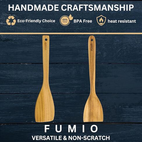 FUMIO Wooden Cooking Spatula Set Of 2 – Premium Teak Wood, Nonstick Cookware Safe, Scratch-Free & Heat-Resistant Handmade in Saudi Arabia