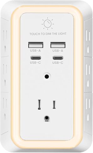 واقي من زيادة التيار لشاحن الحائط، موسع منفذ مع ضوء ليلي، شاحن حائط USB مع منفذي USB C ومنفذي USB، شريط طاقة ثلاثي الجوانب مع منافذ محول متباعدة للسفر في المنزل والمكتب، معتمد من ETL in Kuwait