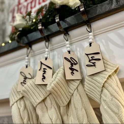 Personalized Stocking Tag, Customized Wooden Name & Font, Christmas Decoration, Gift for All Ages, Minimalist Rustic Style, Holiday Home & Room Decor, Hanging Ornament, Hickory Hollow Designs (Font 3) in Kuwait
