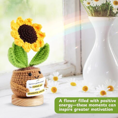 Sunflower Crochet Flower Gift - Handmade Positive Doll with Uplifting Quote - Thank You, Appreciation Gift for Teacher, Best Friend, Coworker, Women - Cute Emotional Support Decor (S4) in Kuwait
