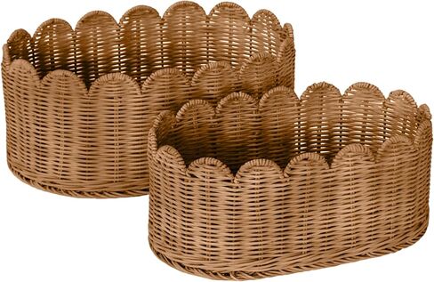 BEBE BASK Premium Scalloped Basket Set Of 2 - Scallop Basket - 16 x 10 x 7 Inch - Hand-Woven Elegant Wicker With Scalloped Edge - Nursery Storage (Natural) in Kuwait