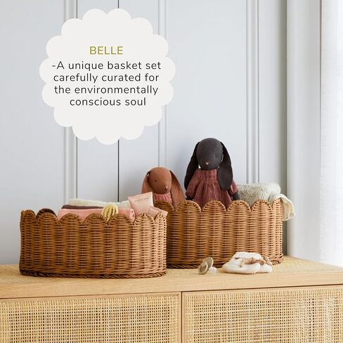 BEBE BASK Premium Scalloped Basket Set Of 2 - Scallop Basket - 16 x 10 x 7 Inch - Hand-Woven Elegant Wicker With Scalloped Edge - Nursery Storage (Natural) in Kuwait