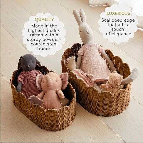 BEBE BASK Premium Scalloped Basket Set Of 2 - Scallop Basket - 16 x 10 x 7 Inch - Hand-Woven Elegant Wicker With Scalloped Edge - Nursery Storage (Natural) in Kuwait