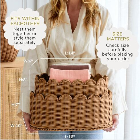 BEBE BASK Premium Scalloped Basket Set Of 2 - Scallop Basket - 16 x 10 x 7 Inch - Hand-Woven Elegant Wicker With Scalloped Edge - Nursery Storage (Natural) in Kuwait