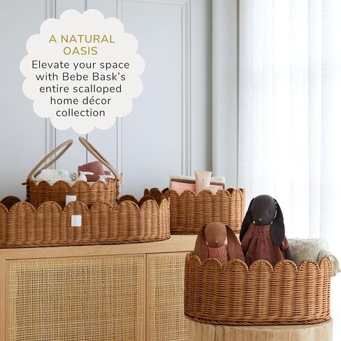 BEBE BASK Premium Scalloped Basket Set Of 2 - Scallop Basket - 16 x 10 x 7 Inch - Hand-Woven Elegant Wicker With Scalloped Edge - Nursery Storage (Natural) in Kuwait