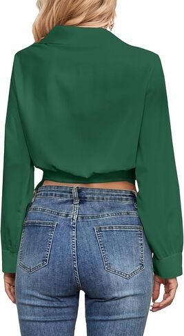 Vrtige Women's Wrap V Neck Self Tie Knot Long Sleeve Blouse Shirt Crop Top in Kuwait