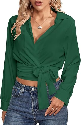 Vrtige Women's Wrap V Neck Self Tie Knot Long Sleeve Blouse Shirt Crop Top in Kuwait