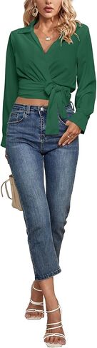 Vrtige Women's Wrap V Neck Self Tie Knot Long Sleeve Blouse Shirt Crop Top in Kuwait
