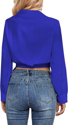 Vrtige Women's Wrap V Neck Self Tie Knot Long Sleeve Blouse Shirt Crop Top in Kuwait