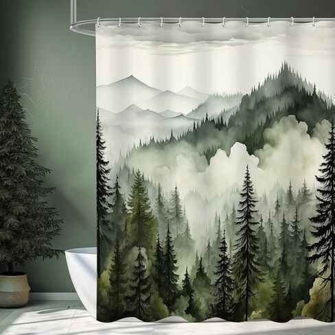 Dark Green Misty Pine Forest Shower Curtain, Mountain Foggy Woodland Scenery Tree Shower Curtains for Chic Rustic Bathroom, Abstract Modern Waterproof Nature-Themed Decor, 72x72 Inches in Saudi Arabia