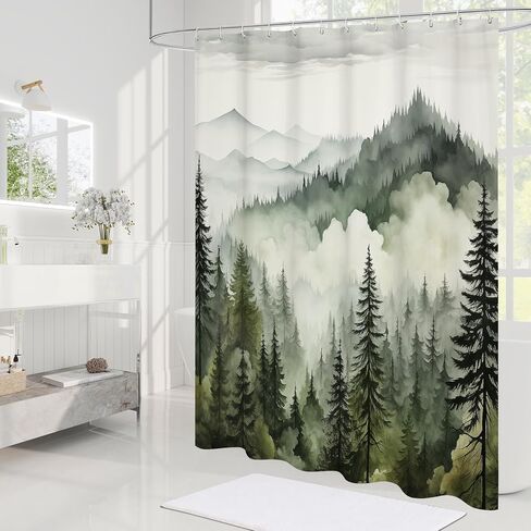 Dark Green Misty Pine Forest Shower Curtain, Mountain Foggy Woodland Scenery Tree Shower Curtains for Chic Rustic Bathroom, Abstract Modern Waterproof Nature-Themed Decor, 72x72 Inches in Saudi Arabia