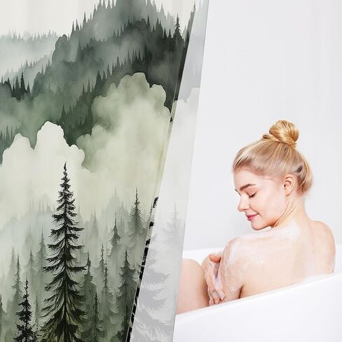 Dark Green Misty Pine Forest Shower Curtain, Mountain Foggy Woodland Scenery Tree Shower Curtains for Chic Rustic Bathroom, Abstract Modern Waterproof Nature-Themed Decor, 72x72 Inches in Saudi Arabia