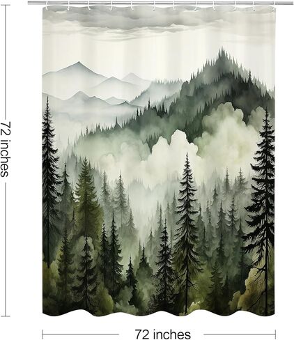 Dark Green Misty Pine Forest Shower Curtain, Mountain Foggy Woodland Scenery Tree Shower Curtains for Chic Rustic Bathroom, Abstract Modern Waterproof Nature-Themed Decor, 72x72 Inches in Saudi Arabia