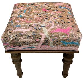 Boho Small Entryway Footstool Ottoman Bench 18x18", Rug Upholstered Ottoman, Decorative Farmhouse Bench, Handmade Wood Footrest Pouf Ottoman (Orange, 18"x18"x18")