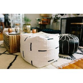 White Mudcloth Square Pouf