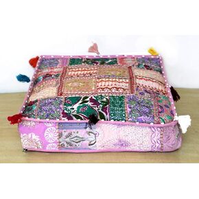 Marusthali Indian Ottoman Pouf Cover Patchwork Square Pouf Cover Living Room Home Footstool Bohemian Decor Pouffe Vintage Seat Foot Stool Floor Pillow Cushion Cover (18 x 18 x 5 Inches, Black)